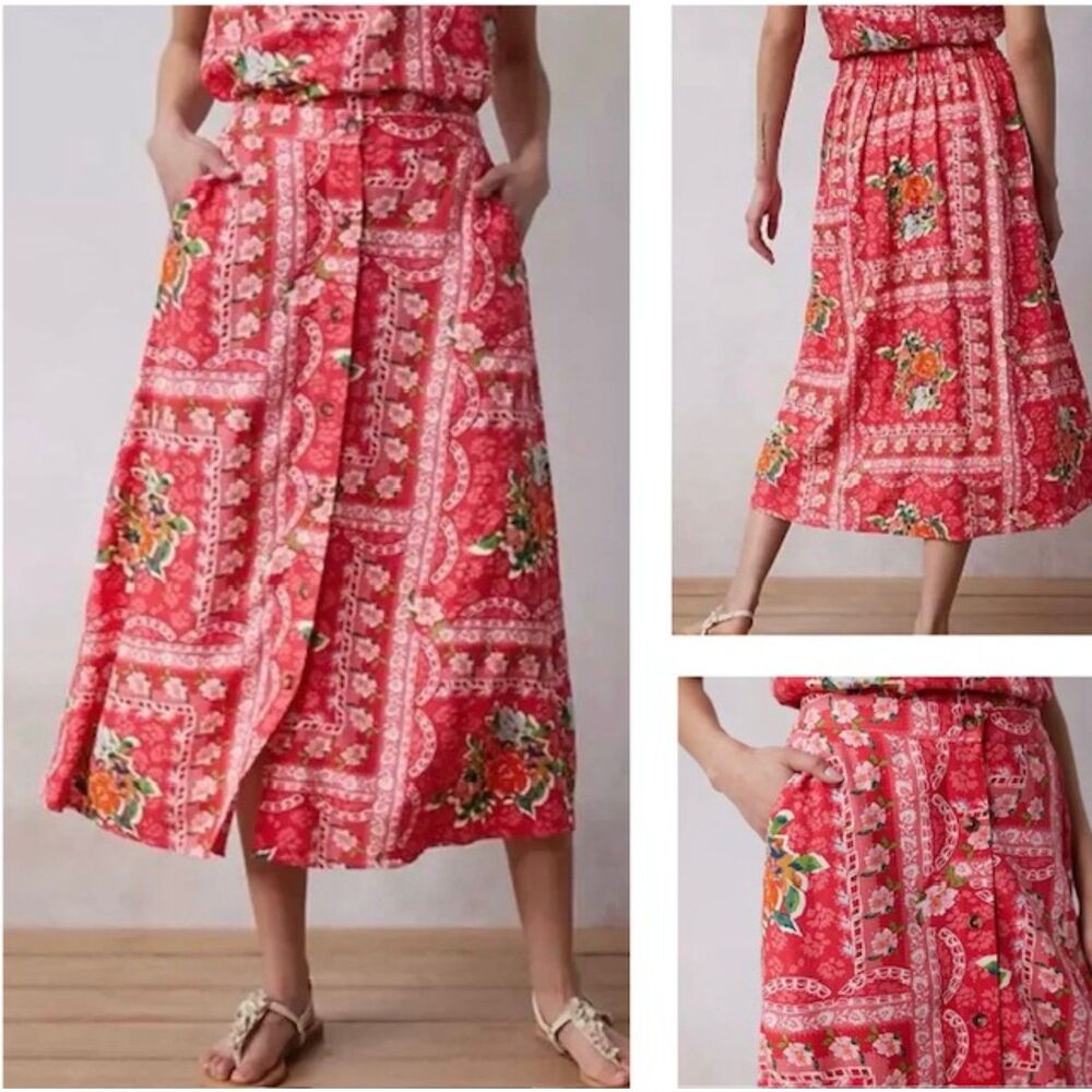 NWT SZ L LC Lauren Conrad Button Front A-Line Midi Skirt Pink Floral